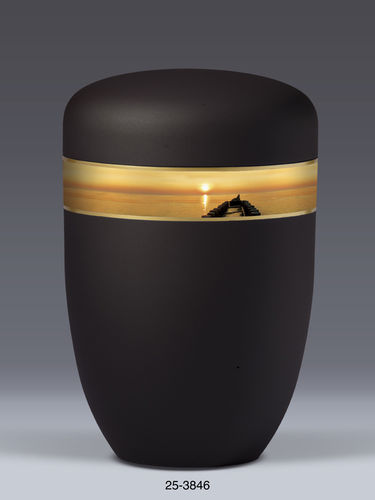 Urne Naturstoff Anthrazit Velour, Dekorband Sonnenuntergang am See