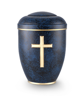 Naturstoffurne, Exklusivserie Edition Rustica, von Hand blau koloriert, Motiv Kreuz
